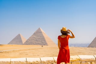 Tourist viewing Pyramids of Giza