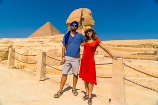Tourists at the Sphinx and the Giza Pyramids