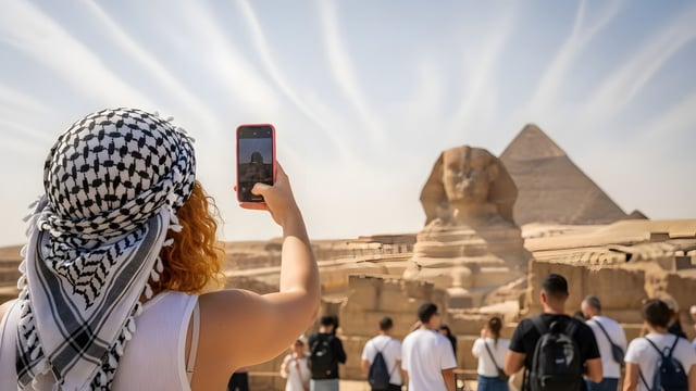 Young Tourist Capturing Sphinx Selfie