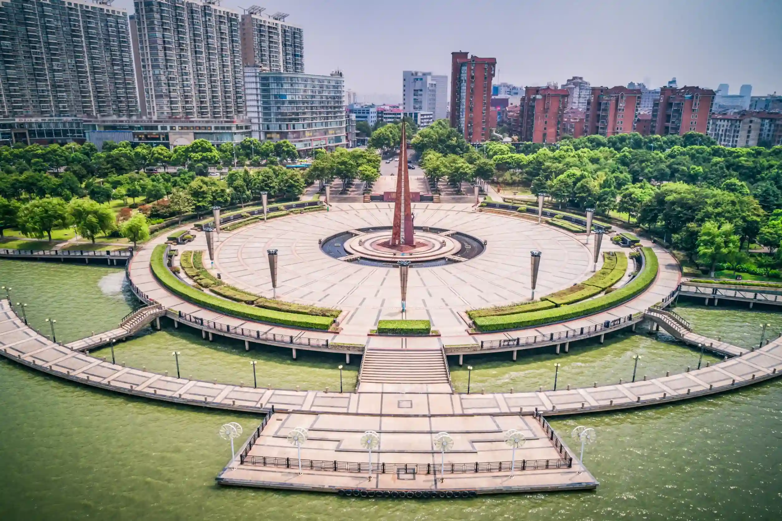 empty square and lake in the city park