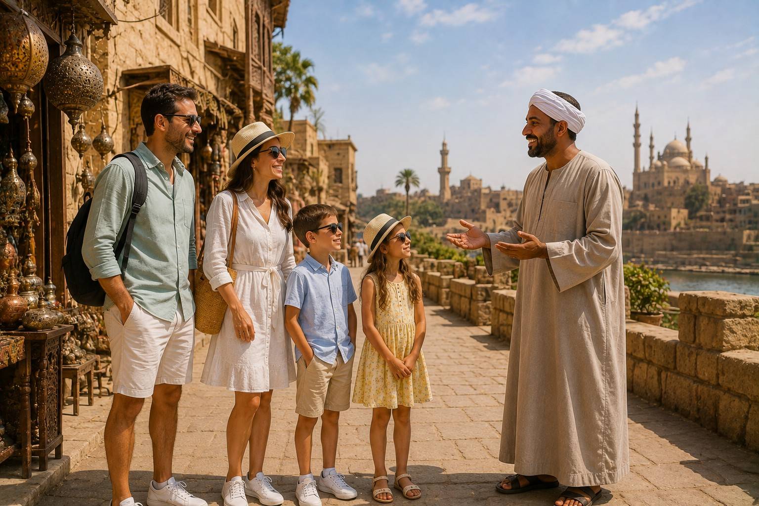 Family Interacting With An Egyptian Local Guide