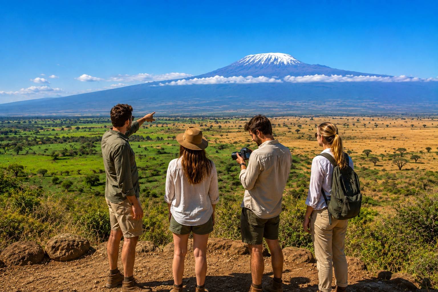 Group Of Friends Admiring Mount Kilimanjaro From Amboseli
