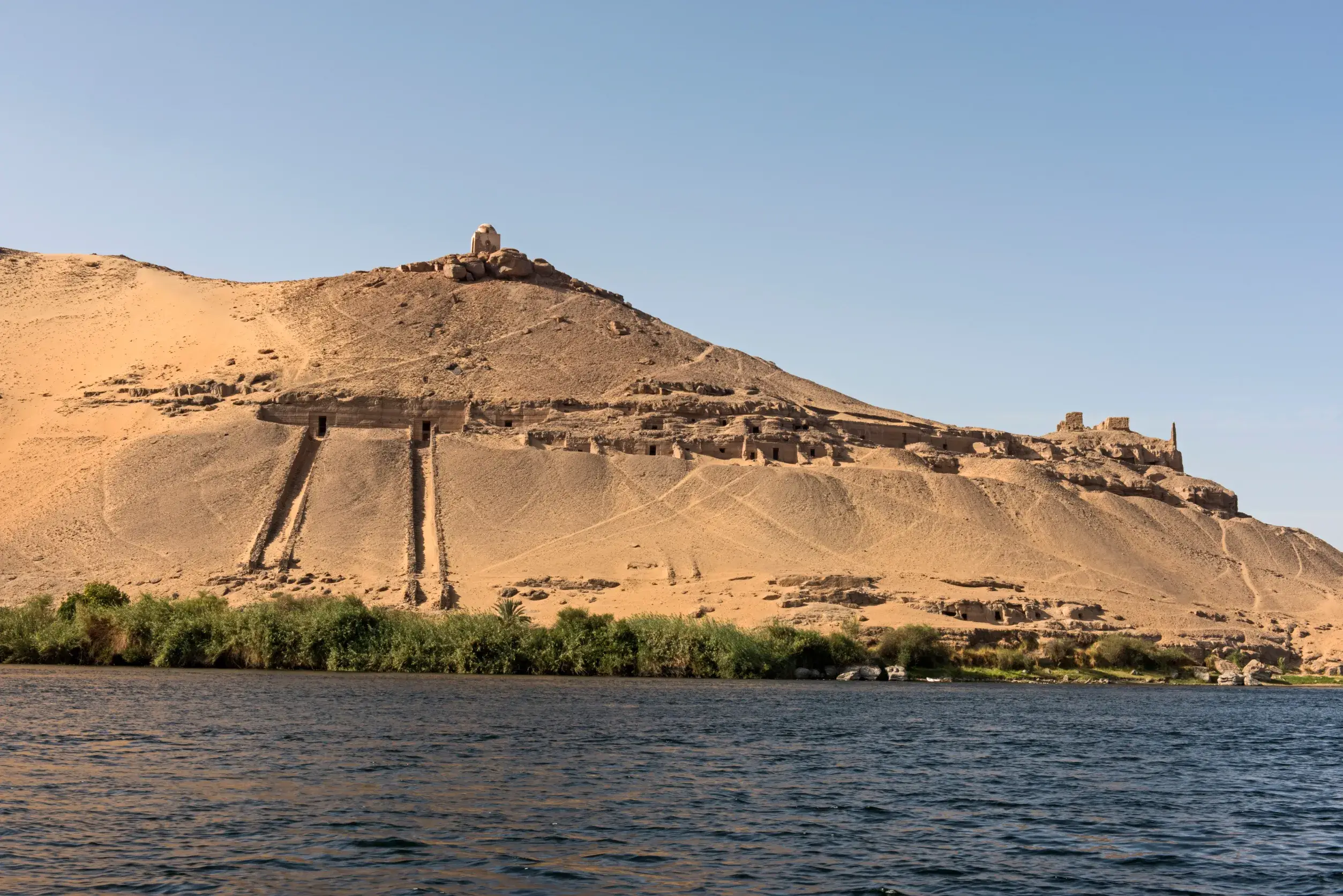 nile rive of tombs of nobles mountain in aswan egypt