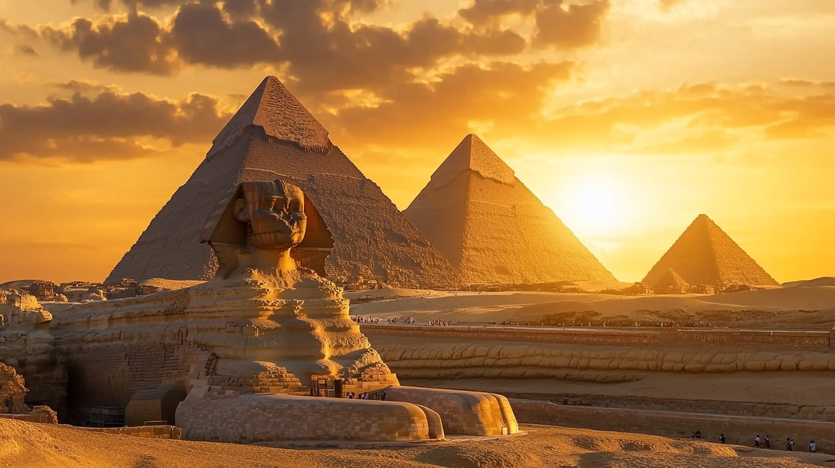 Pyramids and the Great Sphinx at Sunset Cairo Egypt