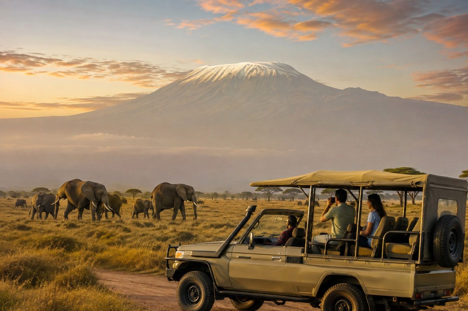 Safari Tourists Watching Elephants Beneath Mount Kilimanjaro