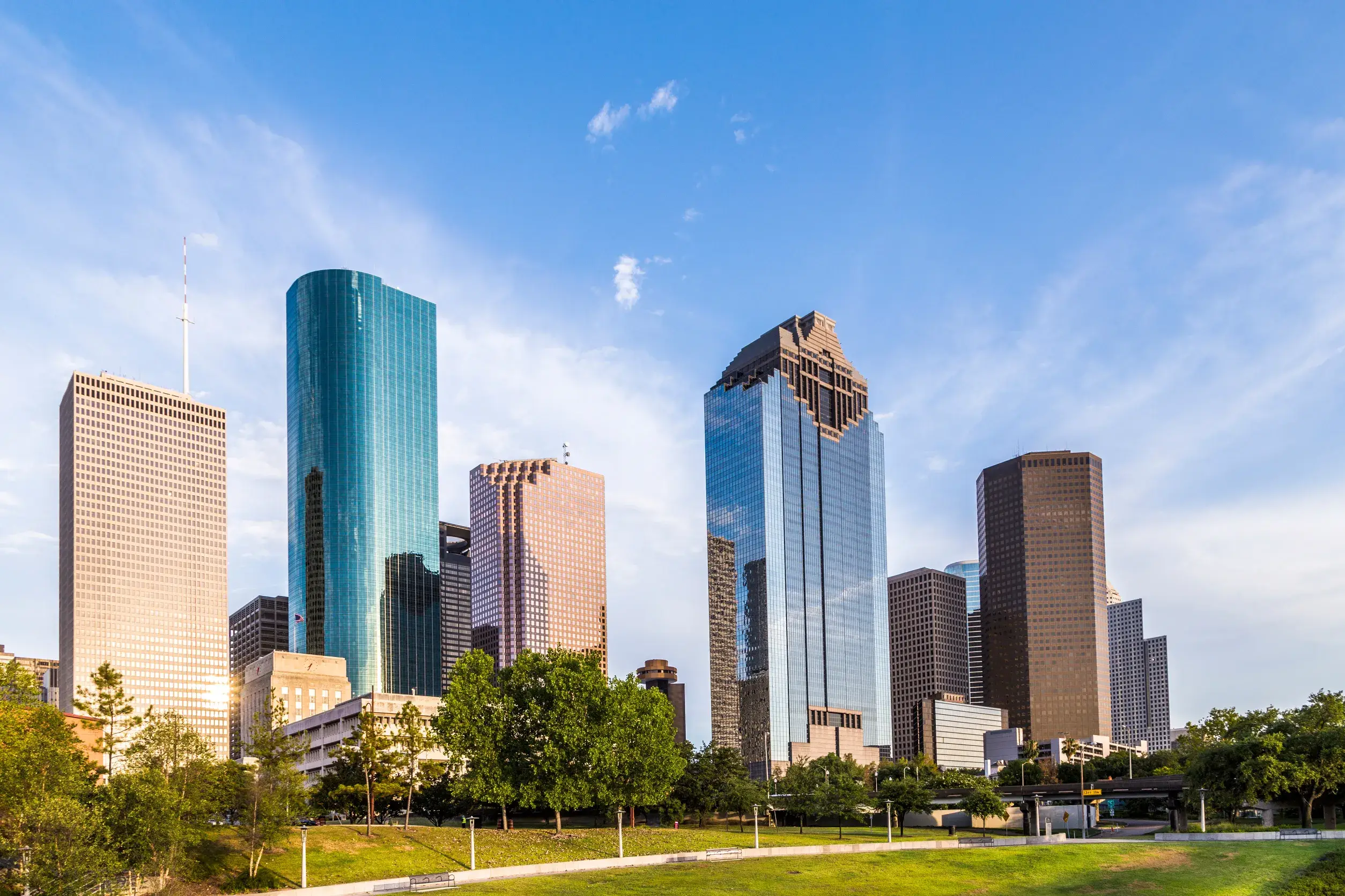 skyline of houston in bright sunset light