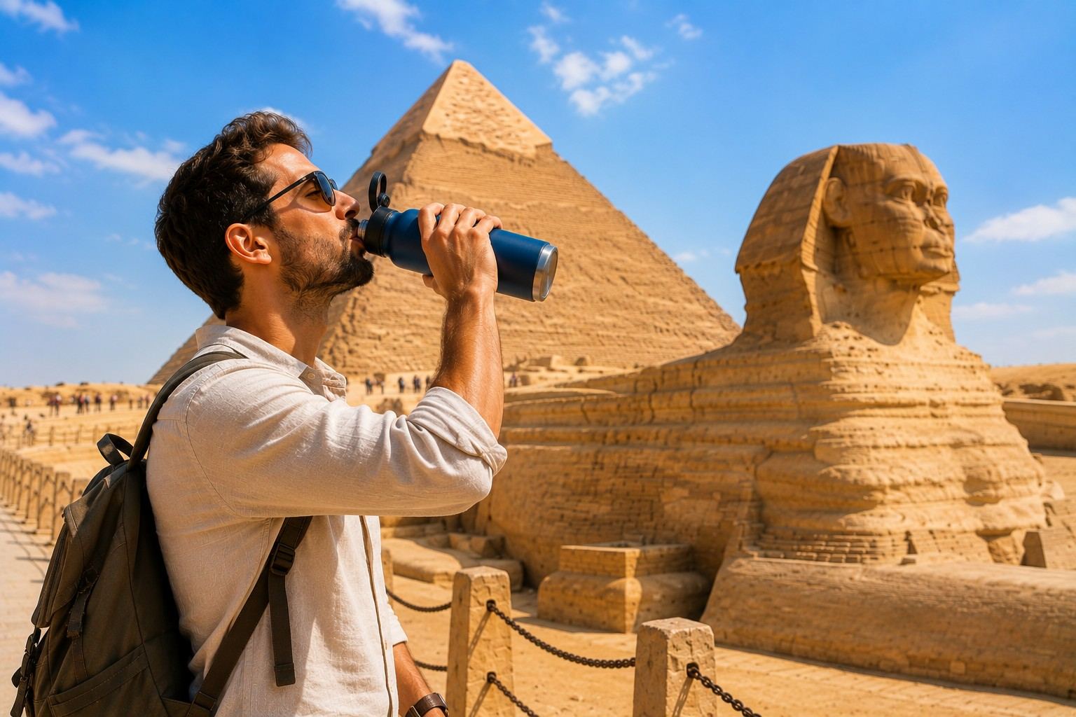 Traveller Drinking Water Near The Giza Pyramids